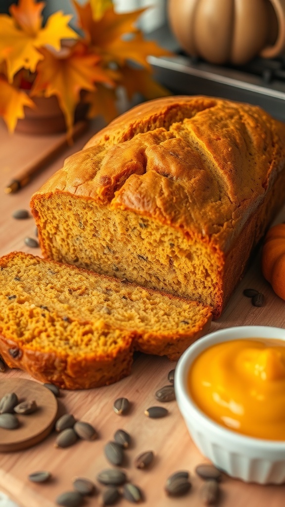 A loaf of moist pumpkin bread sliced on a cutting board, with pumpkin seeds and puree in the background.